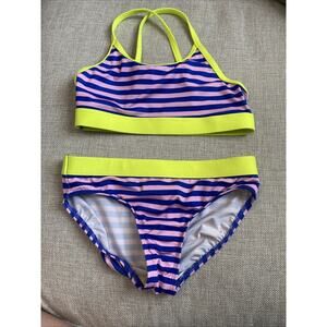 Lands' End Pink Blue Neon Stripe 2 Piece Swimsuit Bikini Girls Size 7 Swimwear